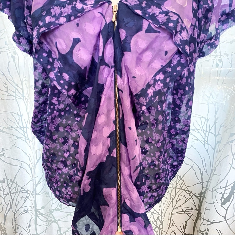 3.1 PHILLIP LIM BLUE PURPLE FLORAL PRINT v-neck ZIP UP SILK BLOUSE TOP - Picture 3 of 9